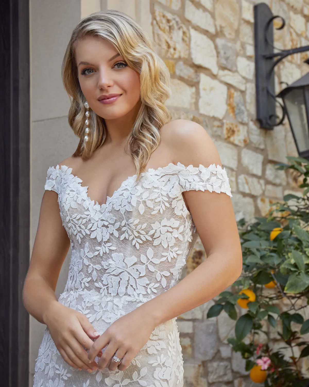Casablanca Bridal 2446 Evelyn off the shoulder wedding dress Chantilly lace fit and flare