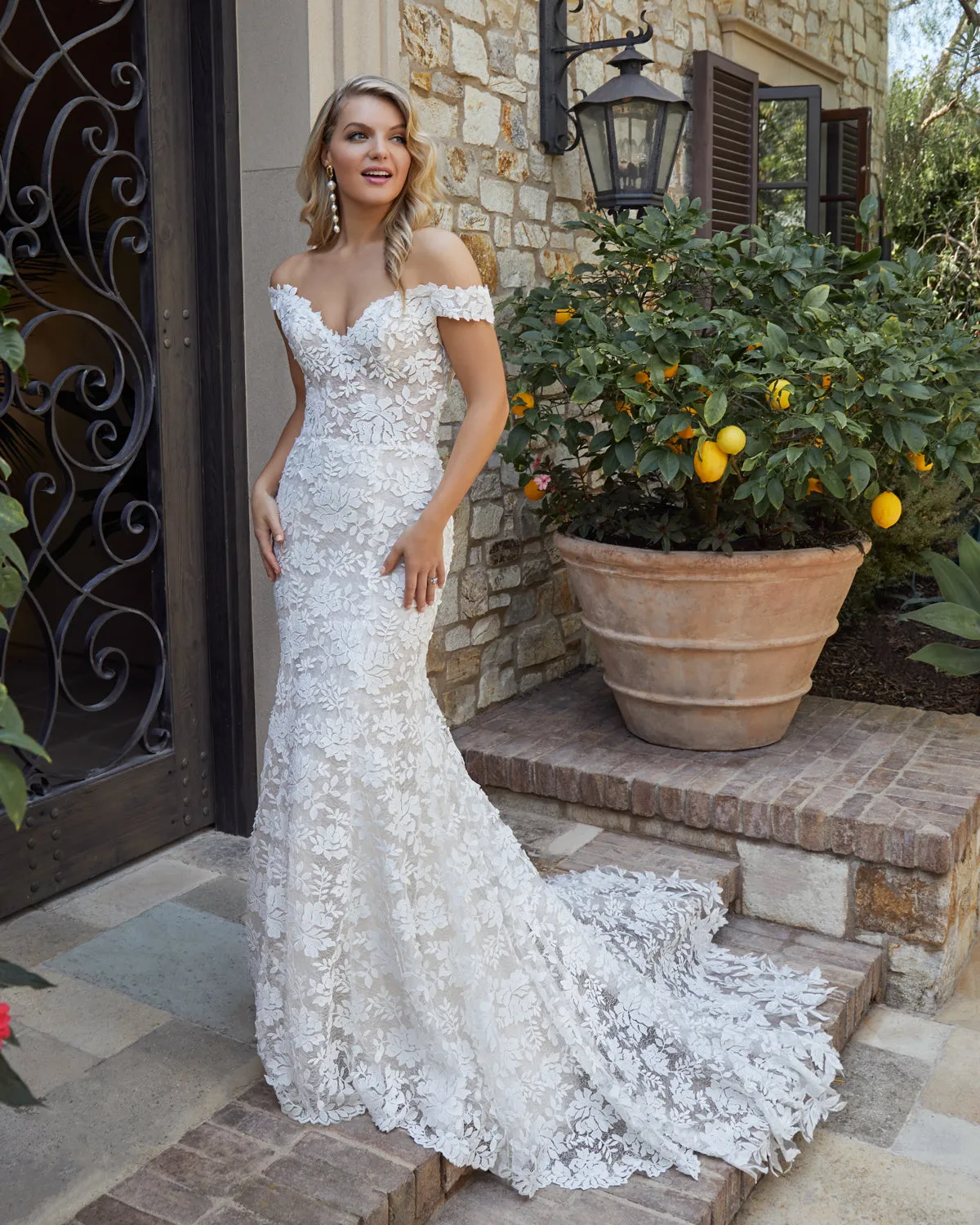 Casablanca Bridal 2446 Evelyn off the shoulder wedding dress Chantilly lace fit and flare