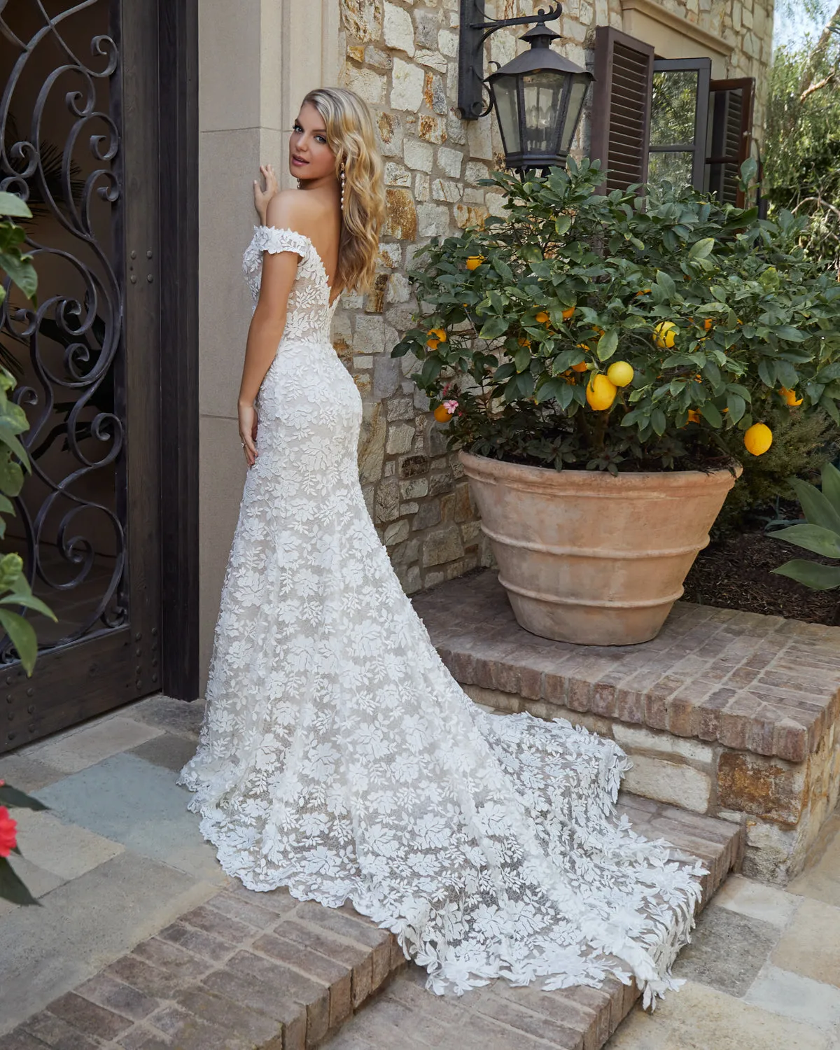 Casablanca Bridal 2446 Evelyn off the shoulder wedding dress Chantilly lace fit and flare