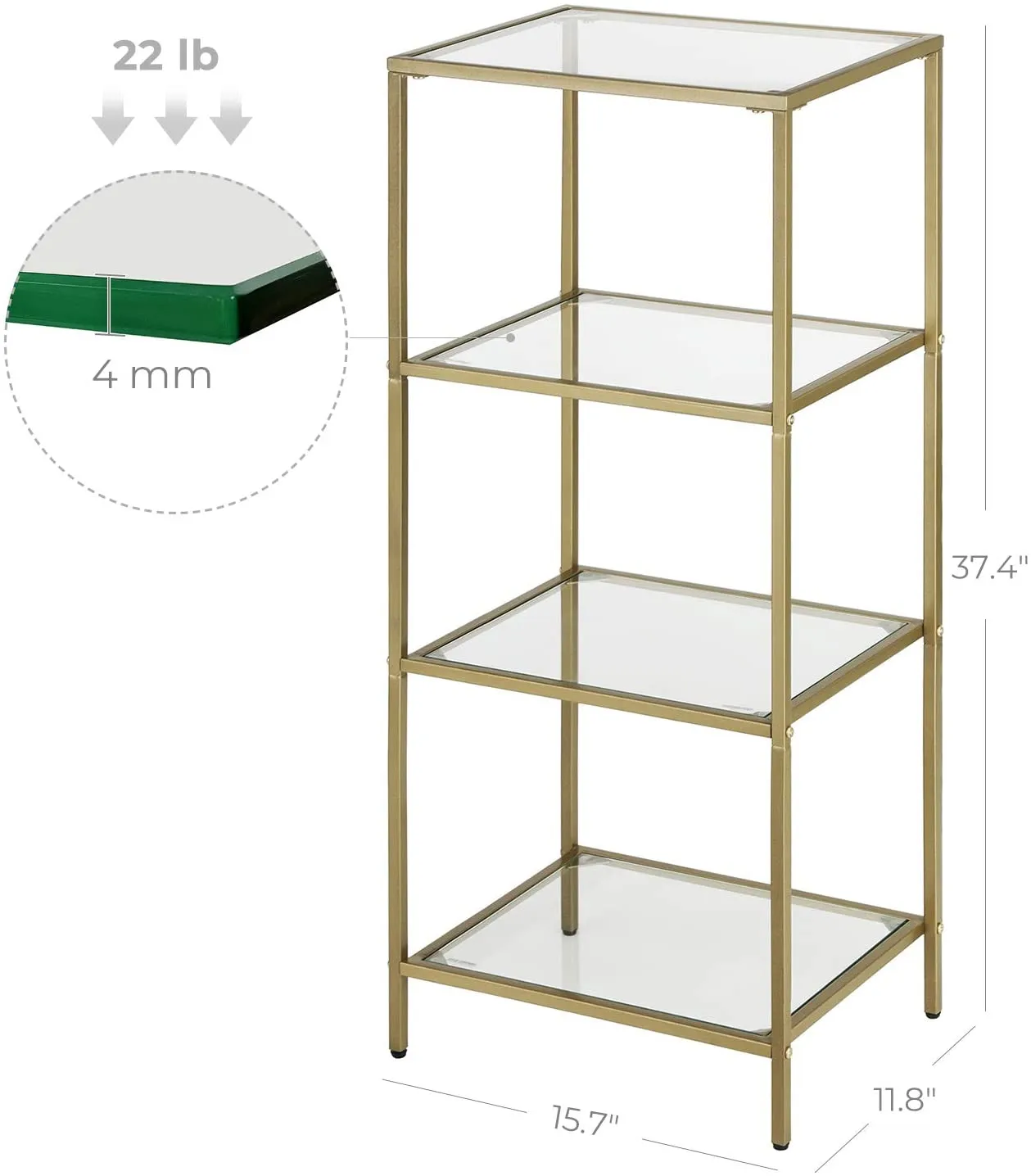 Gold Storage Shelf, Tempered Glass Storage Rack, 4-Tier Display Shelf