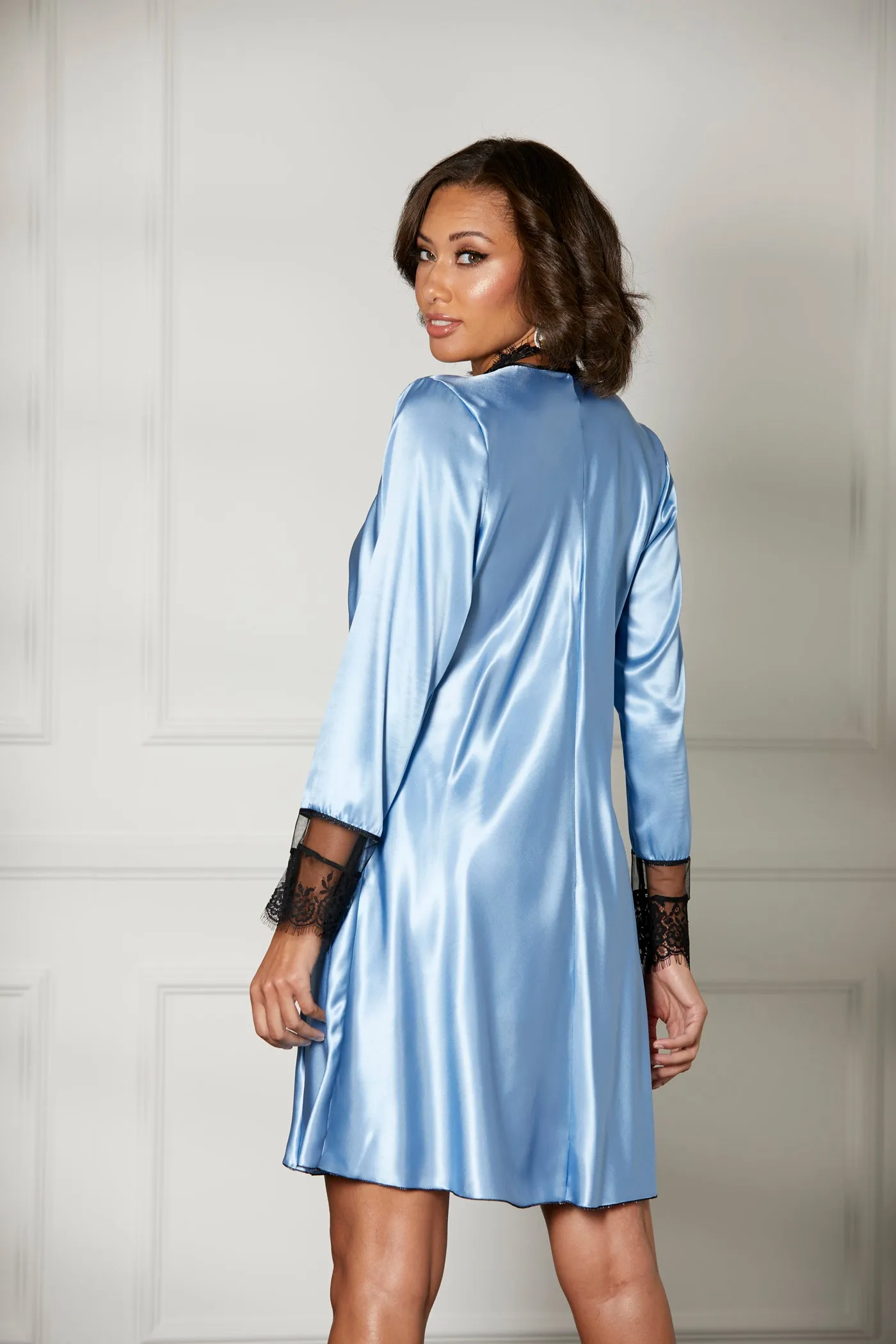 Mid length silky charmeuse & eyelash lace Robe.