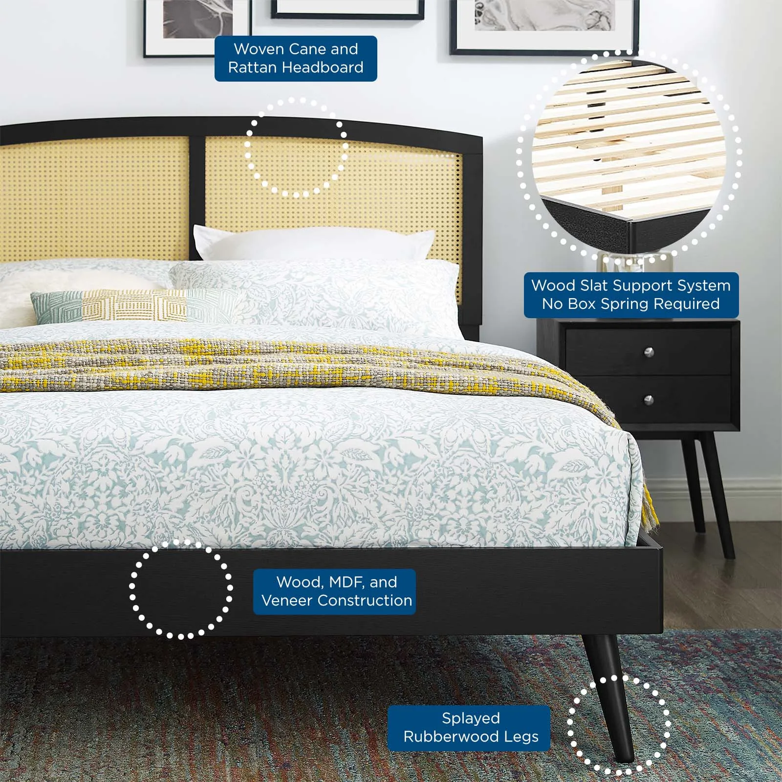 Sierra Cane and Wood Platform Bed With Splayed Legs