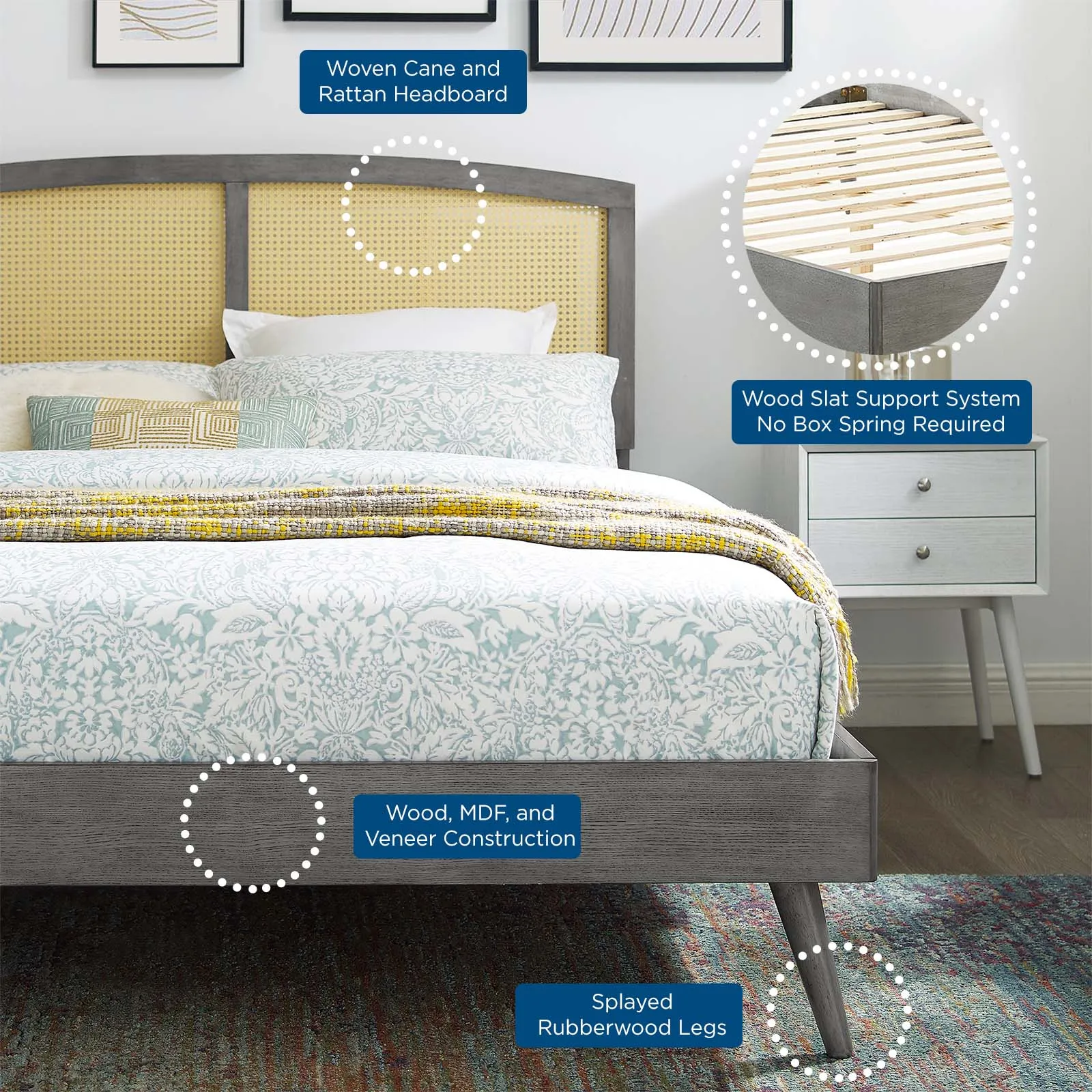Sierra Cane and Wood Platform Bed With Splayed Legs