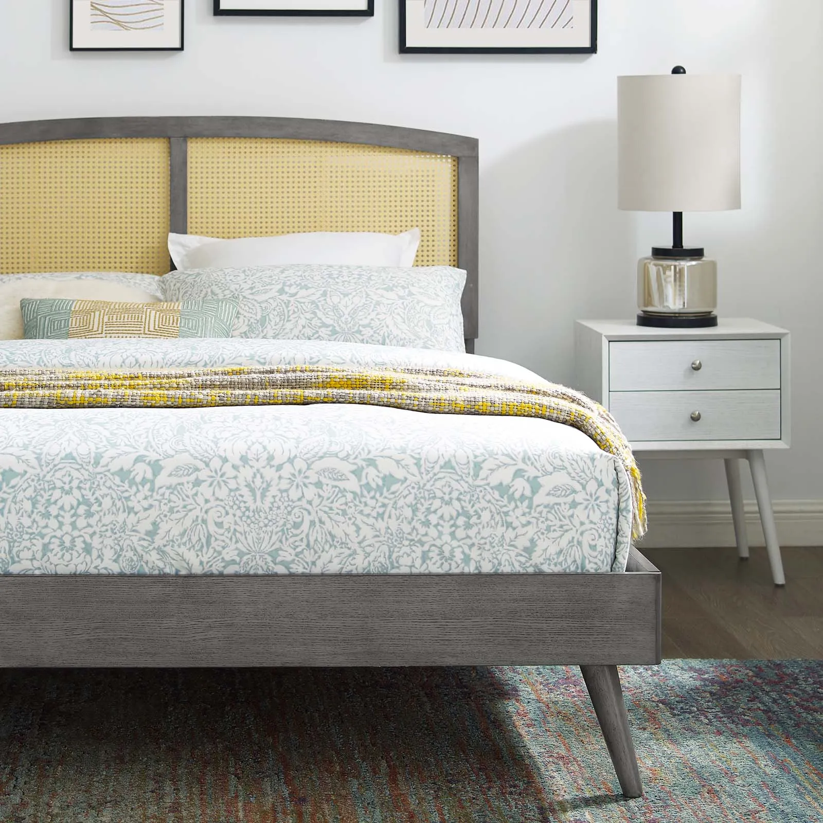 Sierra Cane and Wood Platform Bed With Splayed Legs