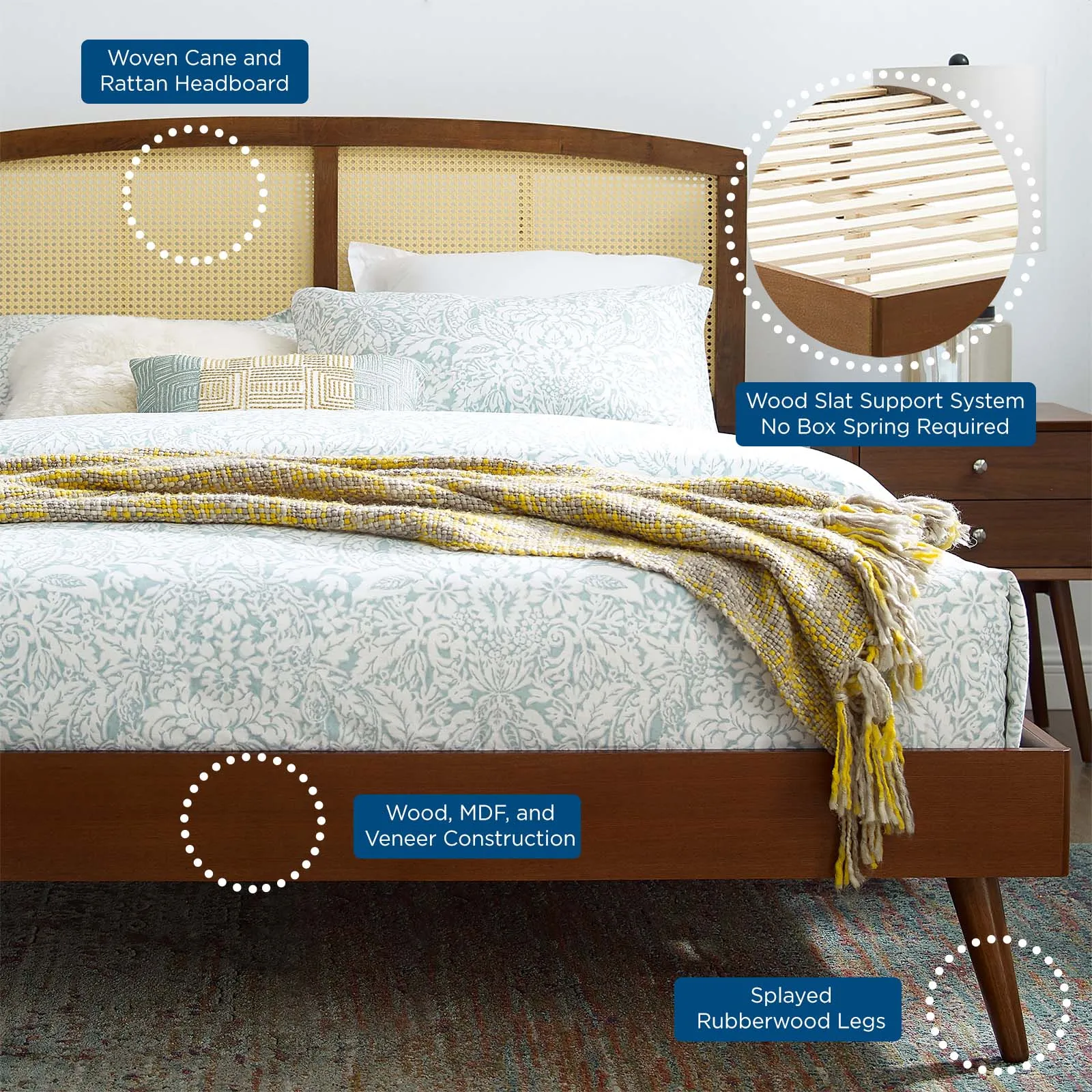Sierra Cane and Wood Platform Bed With Splayed Legs