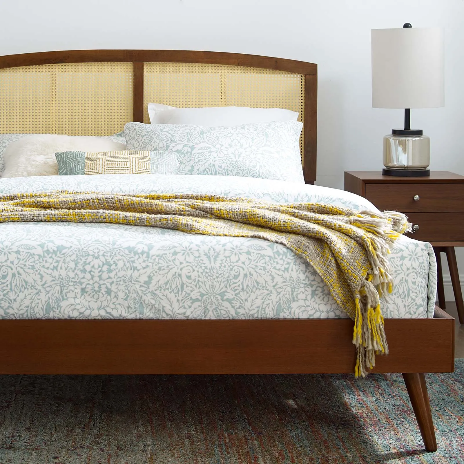 Sierra Cane and Wood Platform Bed With Splayed Legs